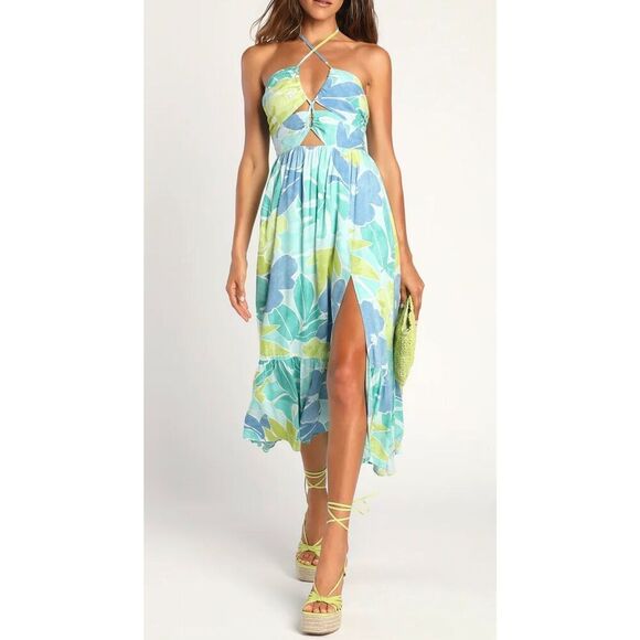 Lulus NWT exotic days tropical cutout halter midi dress L - Picture 1 of 16